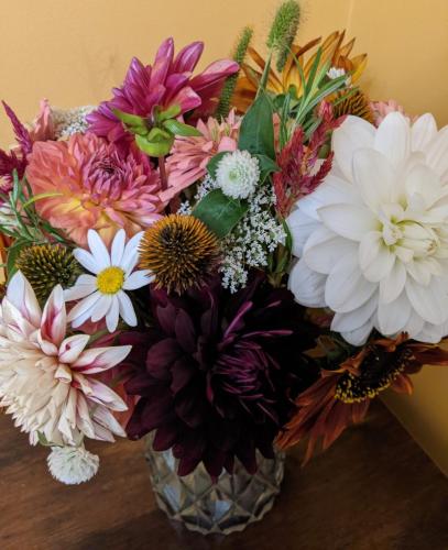 dahlia bouquet with white, deep red, orange, and pink-hued flowers